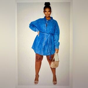 PrettyLittleThing Denim Shirt Dress Belted Button Front Blue Mini Dress Size 16